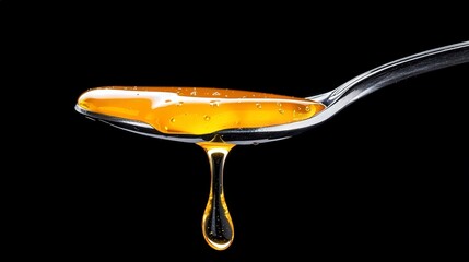 Spoonful of golden honey drips against a black background