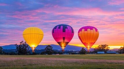 Fototapeta premium Colorful hot air balloons at sunset over a scenic landscape