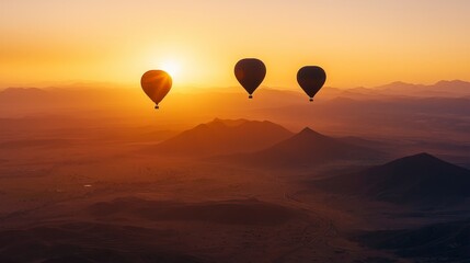 Hot air balloons floating over desert landscape during sunrise