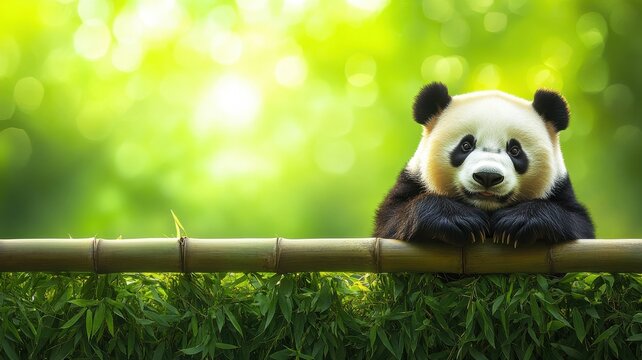 Cute panda resting on bamboo with a blurred green background