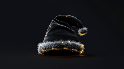 Festive black santa hat with glowing lights and fluffy white trim
