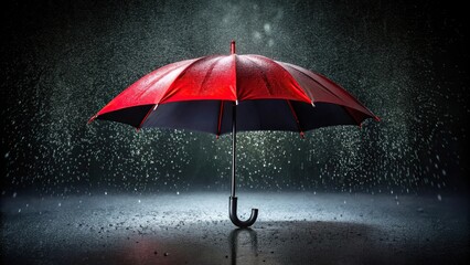 Fisheye black umbrella with red handle on wet dark background