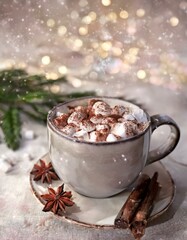 hot chocolate with marshmallows. xmas vibes. holiday drink. bokeh background.