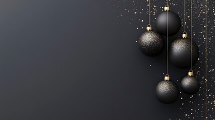 Elegant black christmas ornaments with gold glitter on a dark background