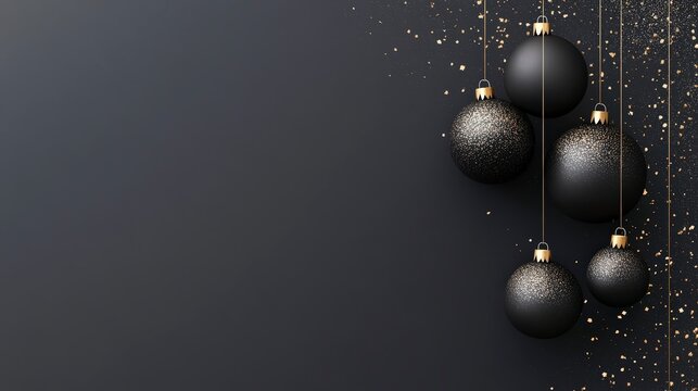 Elegant black christmas ornaments with gold glitter on a dark background - Powered by Adobe