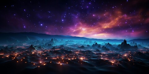 Fototapeta premium A surreal landscape featuring glowing peaks under a starry sky.