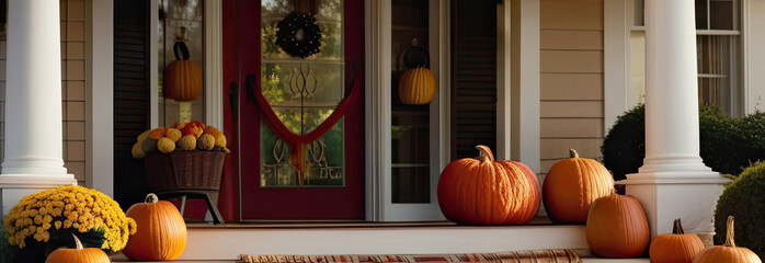 Obraz premium Autumn decor on the porch of the house made of pumpkins in baskets, garlands. Harvest Festival, Halloween. 