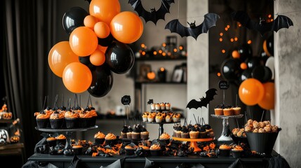 Spooky Halloween Party Decor with Balloons, Bats, Candy, Cupcakes, and Drinks