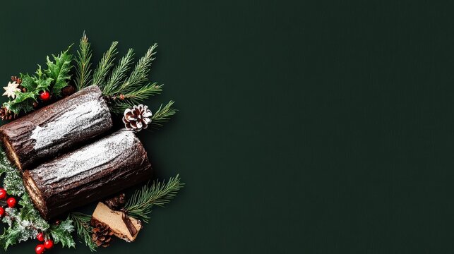 Festive yule log cake with pine cones and berries on green background