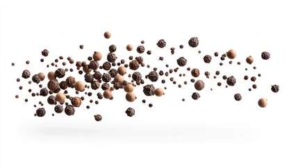 Fragrant Cracked Black Peppercorns Floating on White Background - Culinary Spice Close-Up Concept