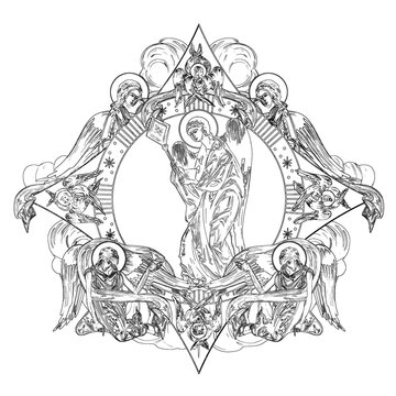 recommend clip art: Religious dome with Angel apostles and angels in sky. Coloring page in Byzantine style