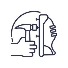 Line art of a hand holding a hammer and a climbing wall, symbolizing skill and precision in craftsmanship and climbing.