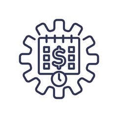 Illustration of automated payments with a gear, calendar, dollar sign, and clock symbolizing scheduled financial transactions.