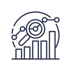 Illustration of data analysis and forecasting with bar chart, magnifying glass, and trend line.