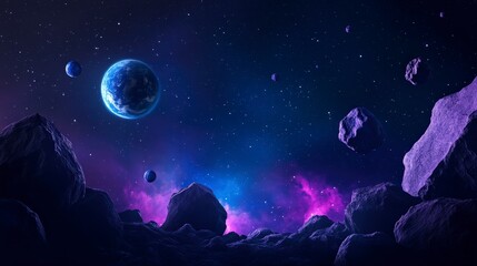 Obraz premium Cosmic scene of asteroids and distant planet in deep space