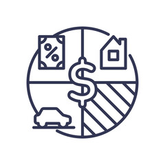 Illustration of budgeting with symbols for money, housing, car, and percentage, representing financial planning and allocation.