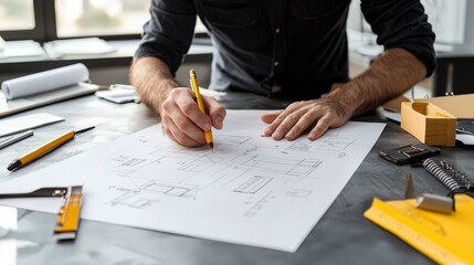 Naklejka premium Architect working on blueprint design with graphite pencil on desk