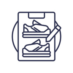 Illustration of a clipboard with shoe designs and a pencil, symbolizing creativity and innovation in product design.