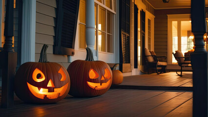 Fototapeta premium Halloween glowing decor in the cozy interior of the house made of pumpkins, garlands, Jack Latern, candles. Halloween party In the evening at dusk. 