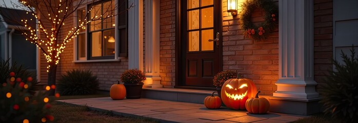 Obraz premium Halloween decor on the porch of the house made of pumpkins, garlands, Jack Latern, candles. Halloween party In the evening at dusk. 