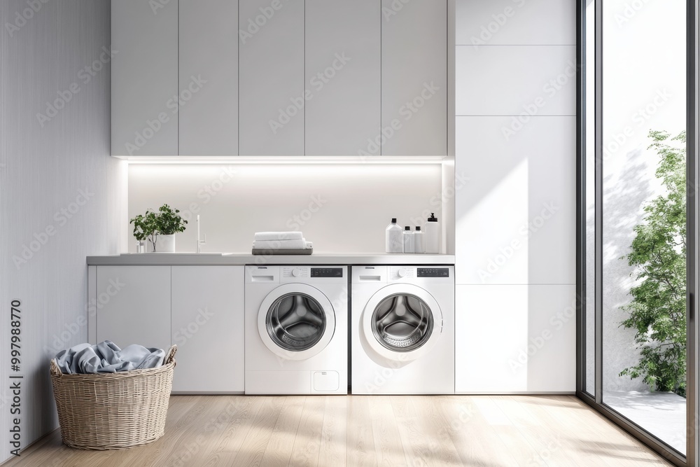 Poster this modern laundry space showcases built-in washing and drying machines with stylish white cabinets