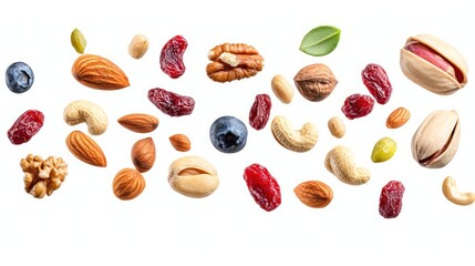 Nutty Harmony - Assorted Nuts and Dried Fruits in Flight, Healthy Snack Mix Concept Isolated on White Background