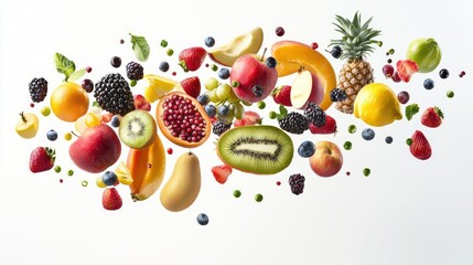 Tropical Paradise: Fresh Exotic Fruits Floating in Mid-Air on White Background