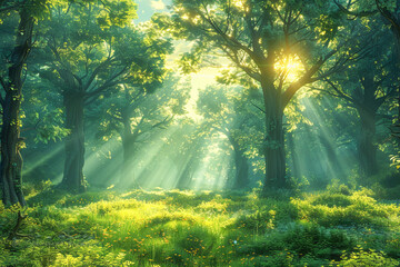 Obraz premium Sunbeams shining through trees in green forest