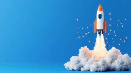 Vibrant rocket launching into the sky surrounded by stars and clouds