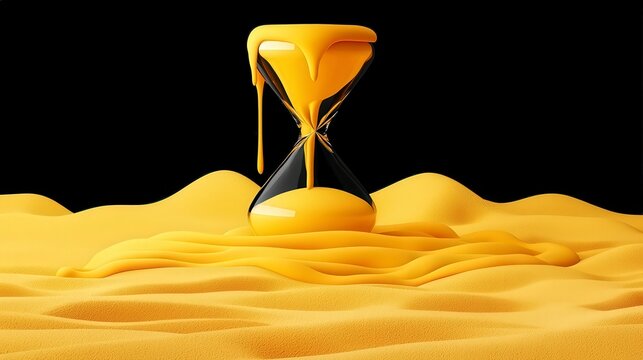 Surreal image of hourglass with melting yellow paint on sand
