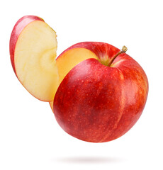 Red apple with a slice flies close-up on a white background. Isolated
