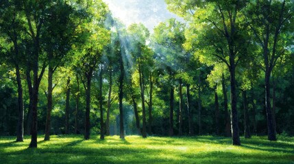 Naklejka premium Sun rays filtering through a serene forest landscape with tall trees