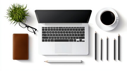 Organized workspace featuring laptop, coffee, notebook, pencils, and plant