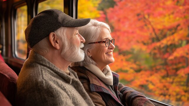 happy senior couple enjoying an autumn train ride, smiling as they gaze out at the vibrant fall foliage through their window, creating a joyful and scenic moment of nature appreciation