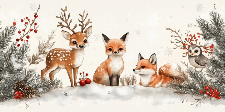 A charming winter scene featuring woodland animals in a snowy landscape. The illustration includes an adorable fawn and two playful foxes.