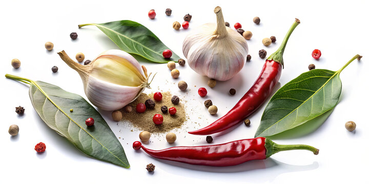 Vibrant red chili peppers and fresh garlic cloves are surrounded by assorted spices and bay leaves, creating a visually appealing display perfect for cooking enthusiasts