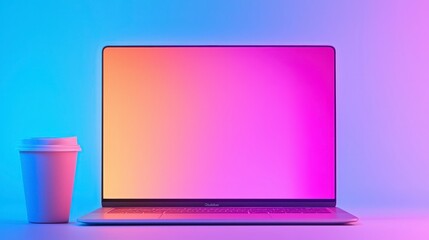 Fototapeta premium Minimalist workspace with colorful laptop screen and coffee cup on desk