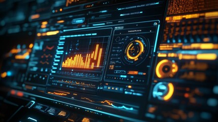 A futuristic interface displaying dynamic data visualizations and analytics with vibrant orange and blue colors.