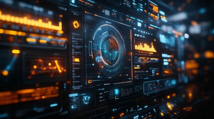 A futuristic digital interface displaying data visualizations, graphs, and a global map, featuring vibrant colors and high-tech design elements.