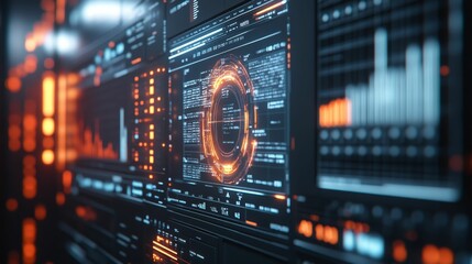 A futuristic digital interface displaying data analytics, graphs, and glowing elements in vibrant colors, showcasing advanced technology.