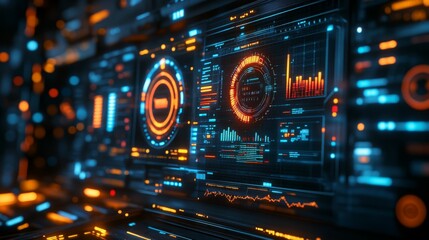 A vibrant digital interface showcasing data visualization with glowing graphs, charts, and gauges against a futuristic backdrop.