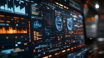 Fototapeta premium A futuristic interface showcasing data analytics with glowing graphs and gauges in a dark environment.