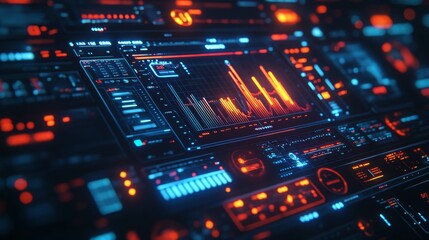 Obraz premium A futuristic digital interface displaying vibrant data visualizations, with glowing elements and interactive controls.