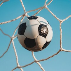 Naklejka premium Soccer ball hitting the net under clear blue sky