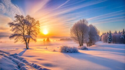 Beautiful winter landscape with frosty trees and a colorful sunset for nature photography and seasonal decor