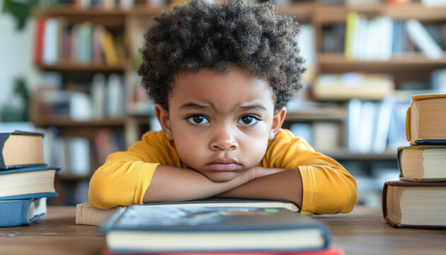 Bored young student resting head on books at desk