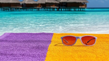 Sunglasses on beach towel with ocean and huts in the background