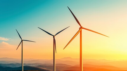 Obraz premium Three wind turbines at sunset in a mountainous landscape view