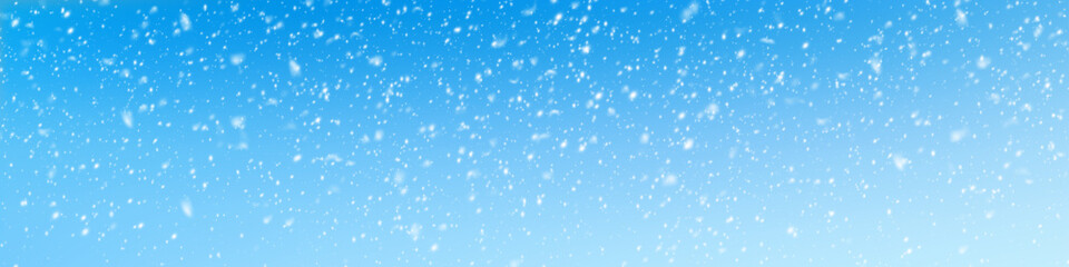 Fototapeta premium Sky Blue,snowflakes Background,Horizon Winter snowy sky, Vector landscape nature sunrise in Winter, Spring panorama banner white snow over blue sky. Snowflakes. Heavy snowfall. Christmas snowflakes.