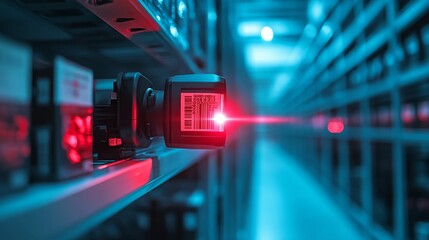 A red laser scanner captures data in a high-tech storage facility, illuminated by cool blue lighting, highlighting advanced inventory management.